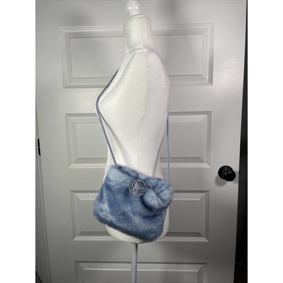 Rothschild Blue Faux Fur Purse Bag Wool Flower Loop Cord Closure Fuzzy - Picture 7 of 7